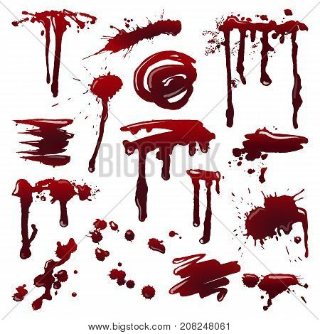 Blood splatters on isolated background. Set of dripping blood drops and trail. Set of smears, splashes, drippings. Paint splatters Halloween concept. Abstract vector illustration, design elements.