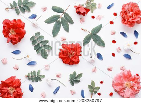 Romantic Flat Lay Floral Background.