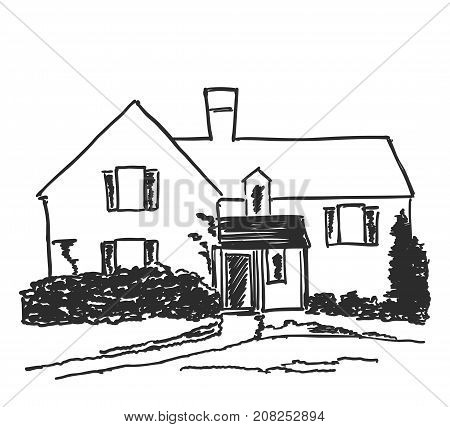 House in a village surrounded by trees, Hand drawn illustration vector sketch