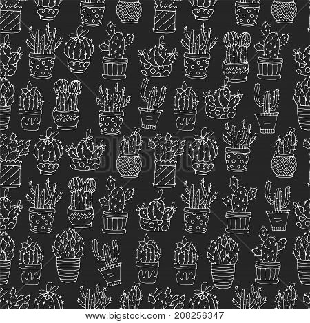 Vector seamless pattern with handdrawn doodle icons of cactus vases. Cactus succulents vector illustrations.