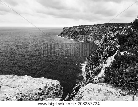 Panormaic view of Formentera coast in black and white