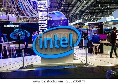 Hannover, Germany - March, 2017: Intel company stand interior on exhibition Cebit 2017 in Hannover Messe, Germany