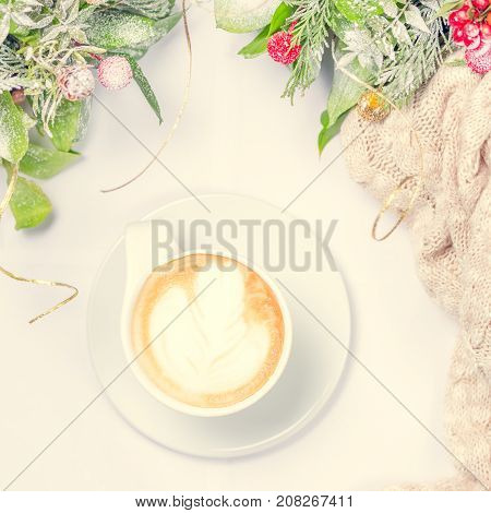 Cup Of Coffee Or Chai Tea With Latte Art And Christmas Decor. Leisure Time Concept. Pastel Colors