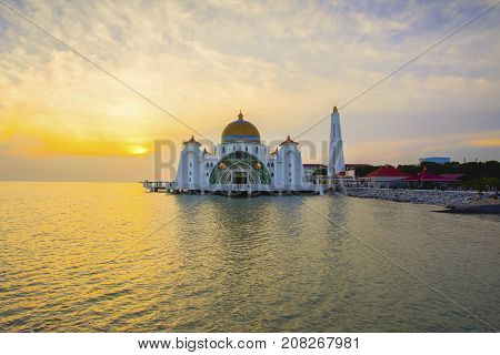 Majestic View Of Malacca Straits Mosque During Sunset
