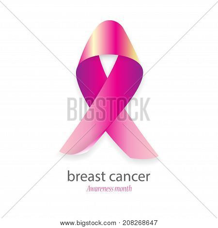 Medical banner. Survivor concept poster female day card. Satin bow badge. Awareness woman October month. Realistic pink ribbon with soft shadow support charity against breast cancer.