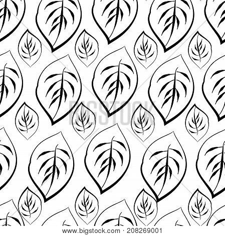 Doodle leaf, blossom print wallpaper. Vintage black white retro background. Textile leaf art silhouette. 