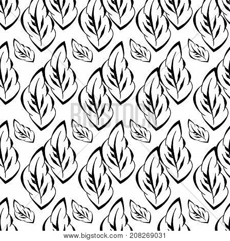 Textile leaf art silhouette. Spring, summer foliage backdrop. Monochrome seamless printable pattern. Doodle leaf, blossom print wallpaper. Vintage black white retro background.