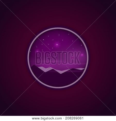 Sunset star hill. Vector banner landscape in flat style. Travel illustration in circle frame with long shadow. Origami paper background. Outdoor nature season adventure graphic.