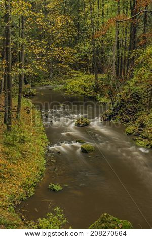 Chribska Kamenice River In National Park Ceske Svycarsko In Autumn Morning