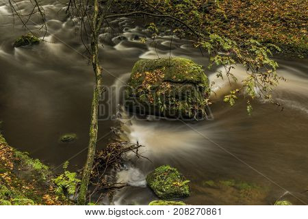 Chribska Kamenice River In National Park Ceske Svycarsko In Autumn Morning