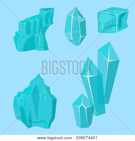 Realistic ice caps snowdrifts and icicles broken piece bit lump cold frozen block crystal winter decor vector illustration. Ice cube 3d snowy cartoon style blue frosty cube bar.