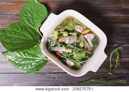 Northern Thai food (Kaeng Khae with pork),curry is made mainly with vegetables and herbs, Main ingredients is Piper sarmentosum leaves
