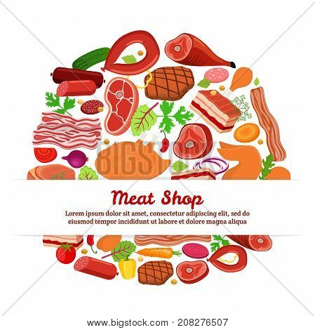 Meat set with vegetables - bacon, chicken, ham, smoked pork, jamon, hamon, cucumber, tomato, carrot, chard, parsley, onion. Made in cartoon flat style. Vector illustration