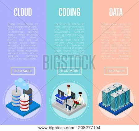 Data cloud coding and administration isometric posters. Global communication network, database security, computer technology. Data center with hosting servers equipment and staff vector illustration