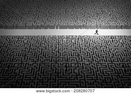 Business strategy pathway concept as a businessman leader running through an opening in a confused labyrinth as a corporate career success metaphor or life path goal with 3D illustration elements.