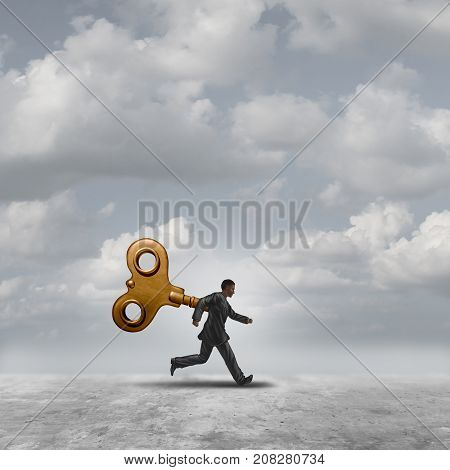 Business wind key running with a windup clockwork or toy mechanism controlling a worker like a robot with 3D illustration elements.