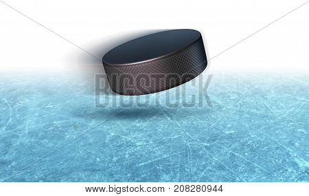 Ice hockey puck action on a rink arena closeup background with a flying rubber winter sport equipment with blank text area as a 3D illustration.