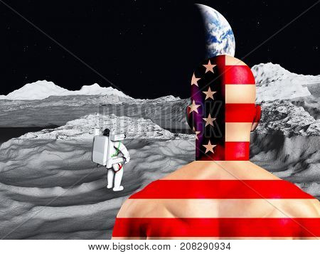Lunar astronaut views earth rise.  3D rendering     Some elements courtesy of NASA