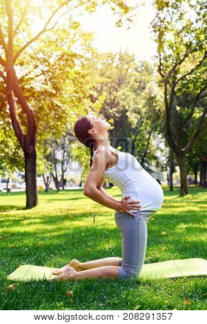 Side view of focused pregnant woman doing yoga on mat in park. Health care