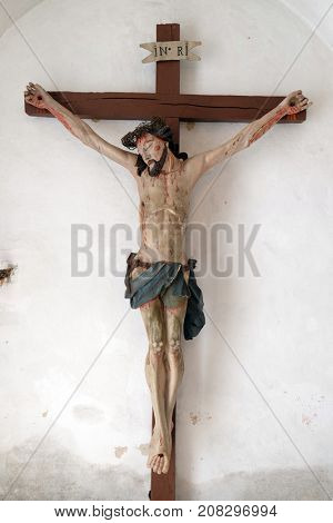 BELEC, CROATIA - JULY 09: Crucifixion in the Baroque Church of Our Lady of the Snow in Belec, Croatia on July 09, 2016.