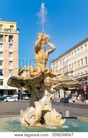 ROME.ITALY - JULY 16, 2017 : The Triton Fountain by Gian Lorenzo Bernini at Piazza Barberini in the historic center of Rome
