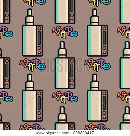 Vape device vector cigarette vaporizer vapor juice vape bottle seamless pattern flavor illustration battery coil. Trend new culture electronic nicotine liquid. Smoking atomizer device e-liquid.