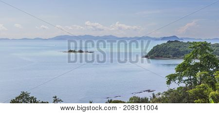 Panorama view of Phang-Nga bay with very small islands view from Cape Yamu Phuket Thailand. It is at east coast of Phuket that is very calm and quite side.