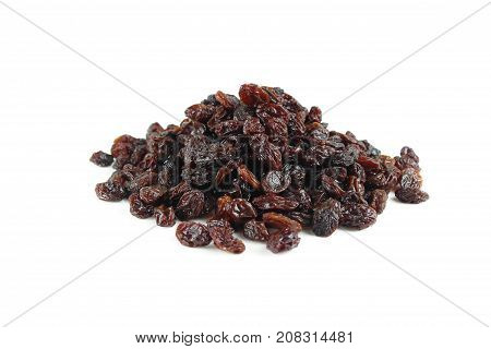 black raisins isolated on white and wooden background