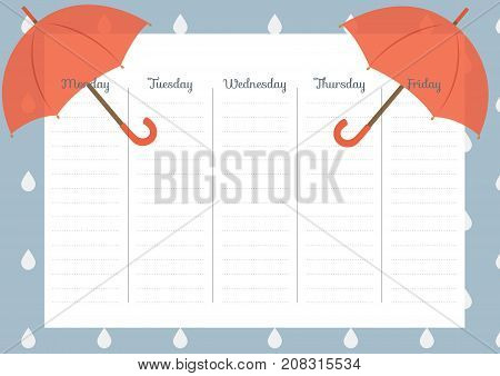 Cute Calendar Weekly Planner Template. AutumnTheme Illustration. Organizer and Schedule.