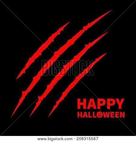 Happy Halloween pumpkin text. Red bloody claws animal scratch scrape track. Cat tiger scratches paw. Four nails trace. Flat design. Black background. Vector illustration