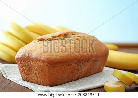 Tasty banana bread on table