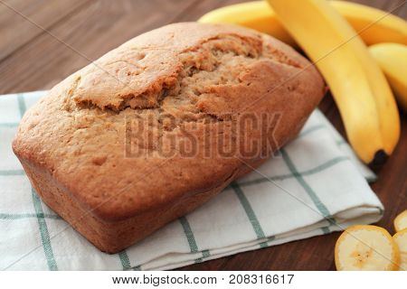 Tasty banana bread on table