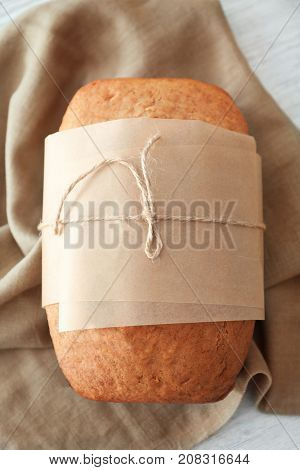 Tasty banana bread on table