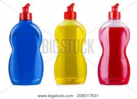 colored cleaning equipmentes isolated on a white background. colored plastic bottles with Detergent isolated on white background .