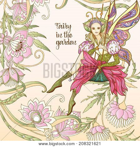 Fairy with butterfly wings on swing on medieval floral pattern background with space for text.   Vector illustration.