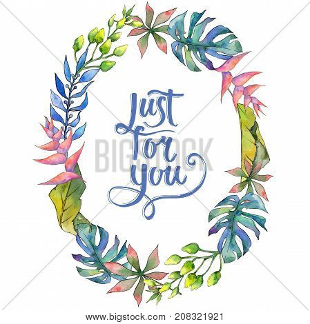 Tropical Hawaii leaves wreath in a watercolor style. Aquarelle wild flower for background, texture, wrapper pattern, frame or border.