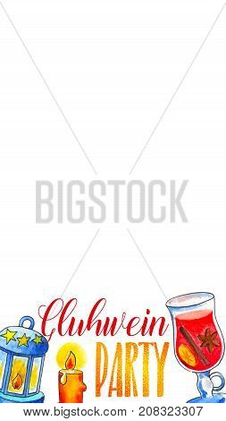 Gluhwein party snapchat geofilter. Watercolor winebottle and glass decor for smartphone screen. Autumn season party photo filter. Social media photo frame. Birthday celebration snapchat geofilter