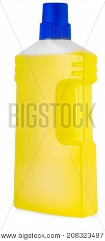 orange plastic bottle with liquid laundry detergent cleaning agent bleach or fabric softener isolated on white background