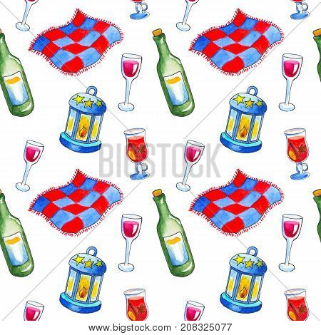 Cozy Autumn seamless pattern. Handdrawn watercolor wine bottle and glass on white background. Fall seasonal seamless pattern. Hygge pattern with cozy blanket and wine. Winter holiday wrapping paper