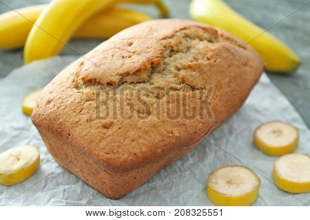 Tasty banana bread on table
