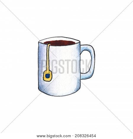 Tea cup by watercolors on white background. Teacup handdrawn illustration. Tea cup with tea bag label.