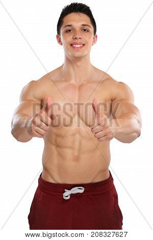 Bodybuilder Bodybuilding Muscles Abs Sixpack Success Thumbs Up Shirtless Man Isolated