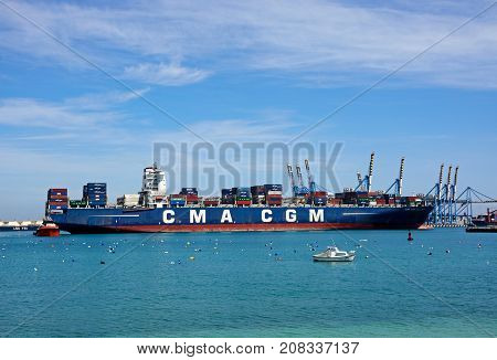 BIRZEBBUGA, MALTA - APRIL 1, 2017 - Container ship Callisto docked in the port Birzebbuga Malta Europe, April 1, 2017.