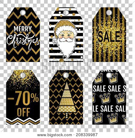 Collection tag of Christmas sale. Set labels with Merry Christmas lettering, Santa Claus and other Happy New Year attributes. Cute gift tags, banner, label, sale card. Holiday stickers design.