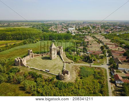 Air view of ruins of Bac fortress and Bac town in Serbia