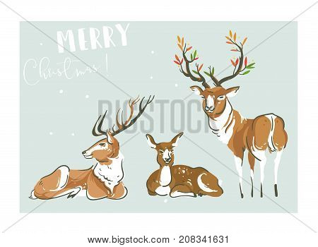 Hand drawn vector abstract fun Merry Christmas time cartoon illustration collection set with many deers and rein deers isolated on blue background