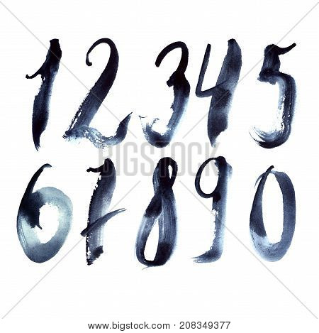 Hand drawn set with dark blue numbers writing in freehand style. Grainy digits from 1 to 9 and zero.