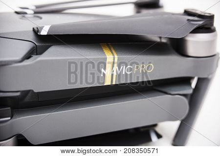 DJI Mavic Pro drone: ISRAEL, OCTOBER 2, 2017. Closeup, on white background. One of the most portable drones in the market, with 4k ultra hd.