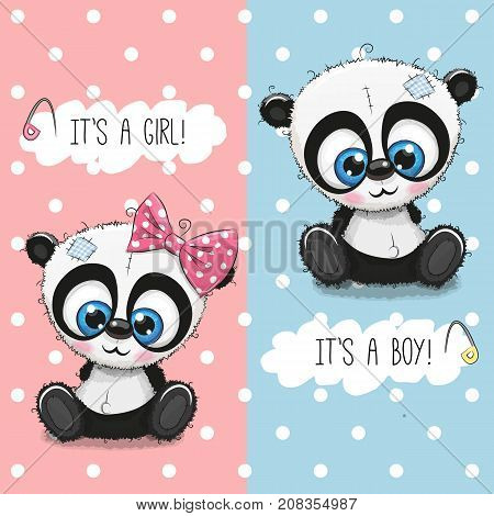 Baby Shower greeting card with cute Pandas boy and girl