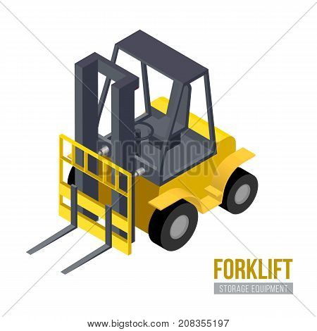 Isometric forklift. Vector storage equipment. Warehouse machine.
